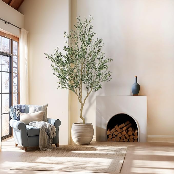 Tall Faux Olive Tree,9ft(108in) Realistic Potted Silk Artificial Olive Tree, Fake Olive Trees Indoor with Green Leaves and Big Fruits for Home Office Living Room Stairs Patio Decor.