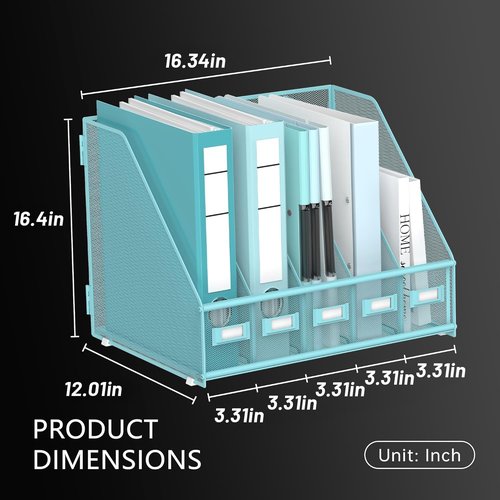 DALTACK Metal Magazine File Holder - 5 Vertical Compartments for Office & Home Organization | Blue