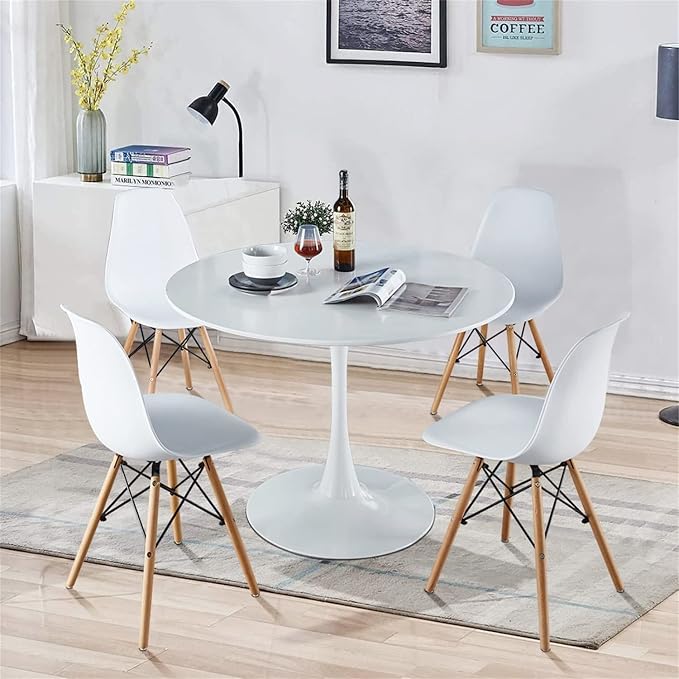 5-Piece Round Dining Table Set,31.5" Mid-Century Modern Kitchen Table with 4 Chairs,Tulip Pedestal Table & Solid Wood Legs,Space Saving Compact Furniture for Small Spaces Apartment Home,White