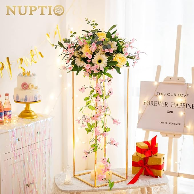 Nuptio Gold Vases for Centerpieces Wedding - 2 Pcs 31.5 inch Tall Metal Flower Vase Flowers Stand for Party Tables Decorations - Elegant Bulk Weddings Decoration Table Geometric Centerpiece Stand
