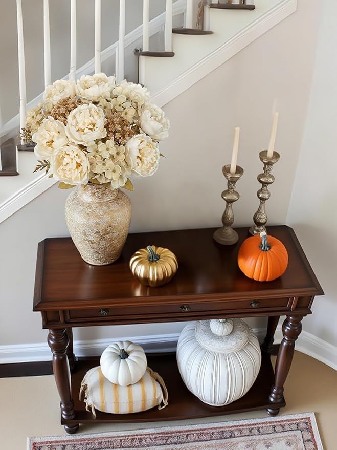 Hollyone 2Pcs Artificial Fall Flowers Bouquet 18.8" White Dried Peony Hydrangea Fake Fall Floral Silk Flowers Autumn Faux Flower Arrangement for Home Wedding Table Centerpiece Thanksgiving Party Decor