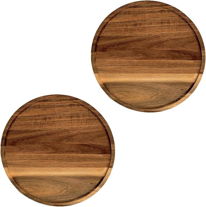Set of 2 Round Wooden Decorative Serving Tray 11.8 Inch for Coffee Table and Home Decor, Round Wood Tray for Table Centerpiece, Small Candle Tray, Acacia, Appetizer Charcuterie Board