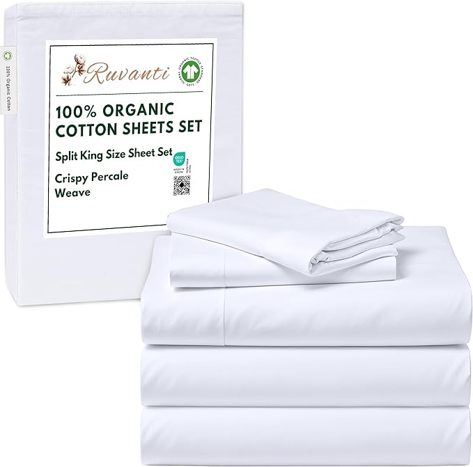 RUVANTI 100% Organic Cotton Sheets Split King, Percale Weave, GOTS Certified, 5-Piece Set, Deep Pocket 15", Crisp & Breathable, Soft Durable Bedding, Sábanas Algodón Orgánico – Bright White