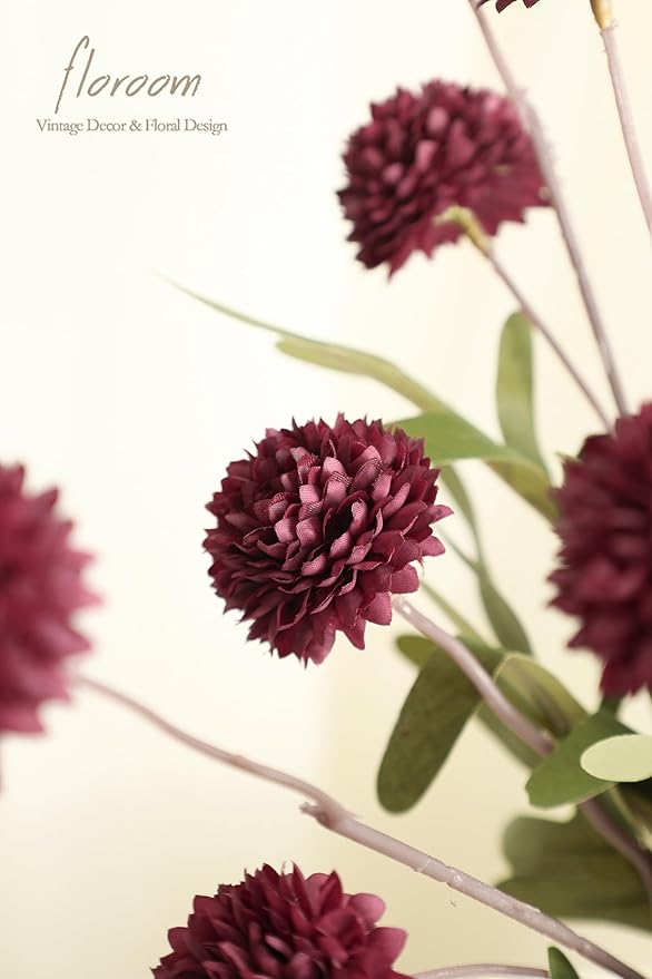 Floroom 6pcs Burgundy Faux Silk Mums Artificial Flowers, Bulk Fake Small Mini Chrysanthemums with Stems for DIY Wedding Centerpieces Floral Arrangements Vase Fillers Home Decorations
