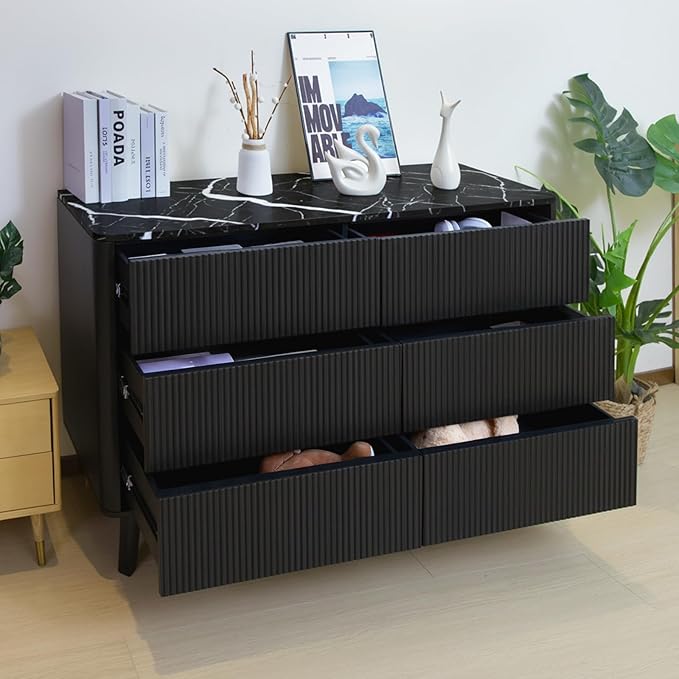 Fluted 6 Drawers Dresser for Bedroom,52" Wide Handleless Chest of Drawers with Faux Marble Top, Wooden Dresser TV Stand, Wood Drawer Organizer for Living Room, Hallway, Black