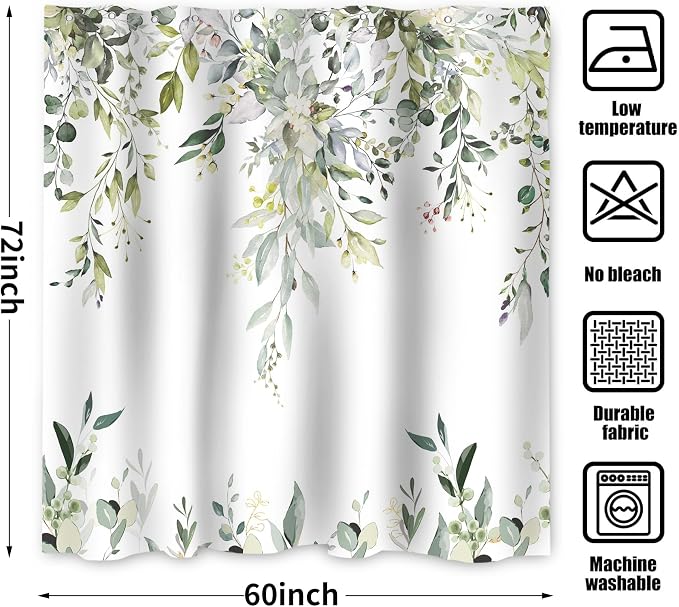 Sage Green Eucalyptus Shower Curtain, Watercolor Leaves Plant Spring Floral Waterproof Fabric Machine Washable with Hooks for Bathroom Bathtub Decor 60Wx72H