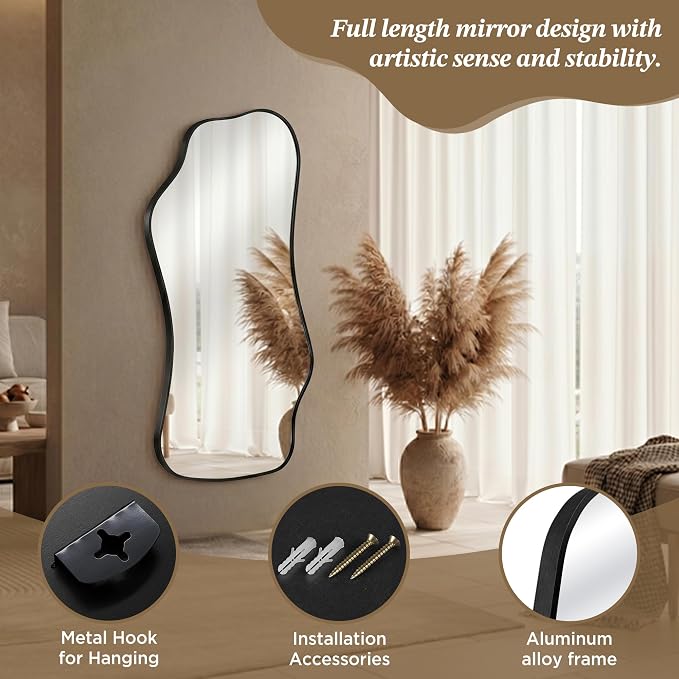 Bathroom Mirrors for Over Sink-Horizontal or Vertical Hanging 47.2"x21.6" Black Asymmetrical Wavy Aluminum Frame Decorative Full Body Mirror for Living Room,Bedroom,Cloakroom,Entryway