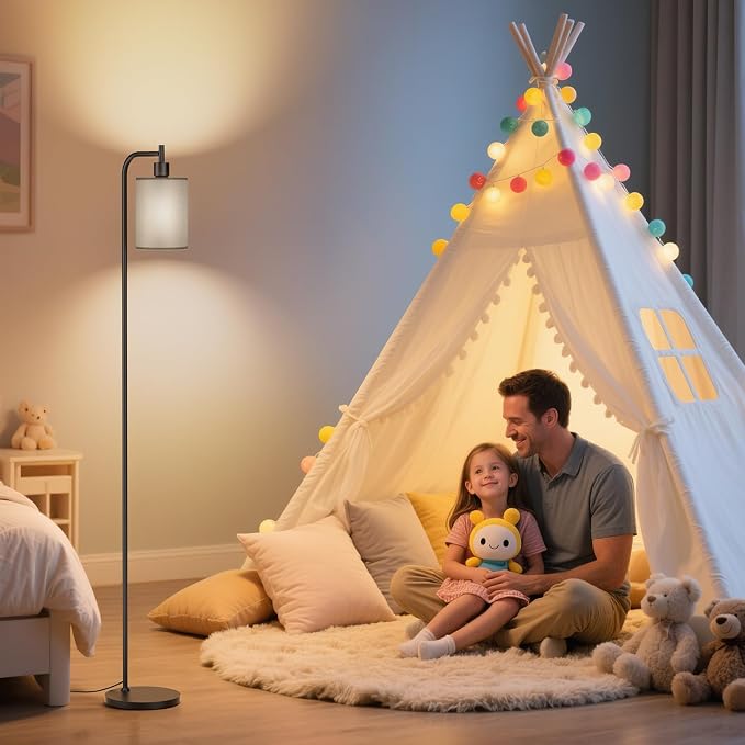 SIBRILLE Floor Lamp with Linen Shade, Dimmable Tall Standing Lamp with Remote Control & 3 Color Temperatures, Modern Floor Lamps for Living Room Bedroom Office Corner, 9W LED Bulb Included