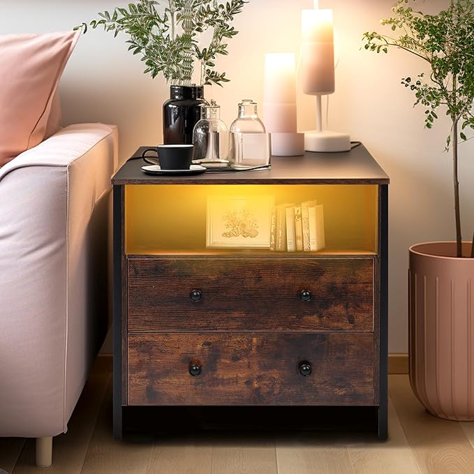 27 Inch Wide Night Stand, Large Wood Night Stand with 2 Drawers, LED Nightstand with Charging Station and Adjustable Drawer, Bedside Table for Living Room/Bedroom/Study/Office, Retro.