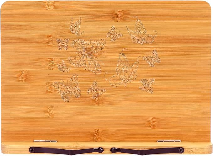 MEGREZ Bamboo Book Stand 13.2 x 9.4 inch, Foldable Cookbook Holder with 6 Adjustable Height, Reading Book Holder for Recipe, Music Book, Textbook, Tablet Stand, Butterflies
