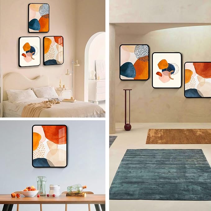 SERIMINO Framed Abstract Wall Art for Living Room Boho Wall Decor Navy Blue Orange Terracotta Pictures Modern Nordic Minimalist Artwork for Bedroom Bathroom Kitchen Paintings for Home Decorations