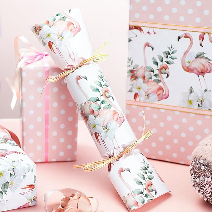 Burymento Reversible Pink Flamingo Plumeria Wrapping Paper Roll - Pink and white polka dot design on the other side, suitable for Valentine's Day, Birthday, Mother's Day, Wedding, Baby Shower