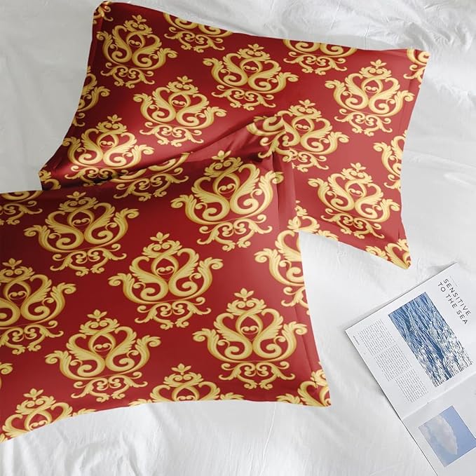 Comforter Set Full Size, Vintage Floral Gold 7 Pcs Bedding for Kids and Adults, Medieval Burgundy Red Bed Sheet Sets with Fitted Sheet 2 Pillowcase & 2 Sham for Bedroom Bed Decor