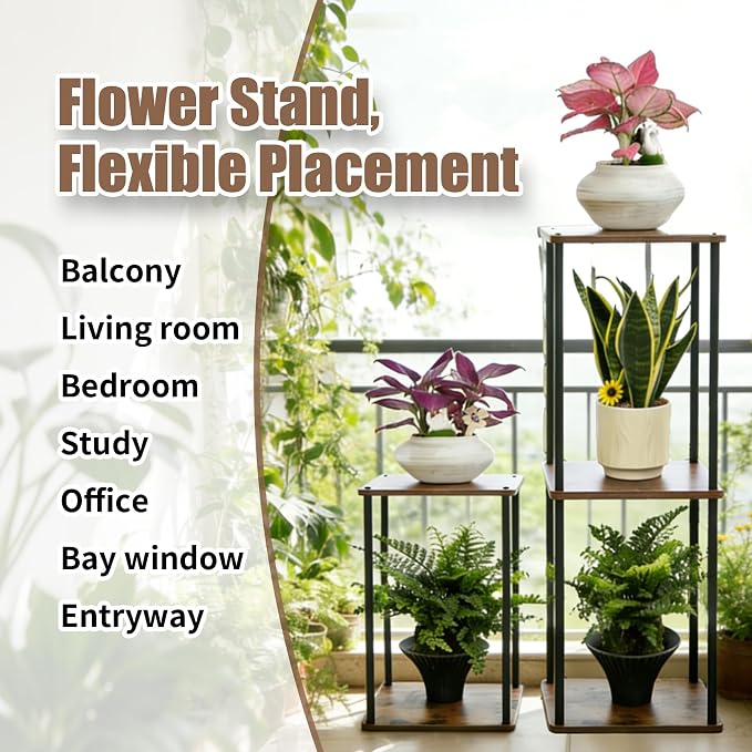Vigordream Plant Stand Indoor Outdoor 3 Tier Metal Plant Shelf Tall Pedestal Stand Flower Pot Stands Multiple Planter Support Rack for Corner Living Room, Balcony, Garden Patio (Retro Brown, 34 INCH)