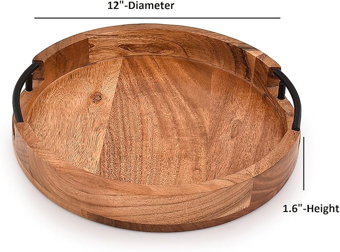 Tray Acacia Wood Round Serving Tray with Iron Handles for Coffee Table Decor Centerpiece Kitchen Counter (12" X 12" X 1.6")