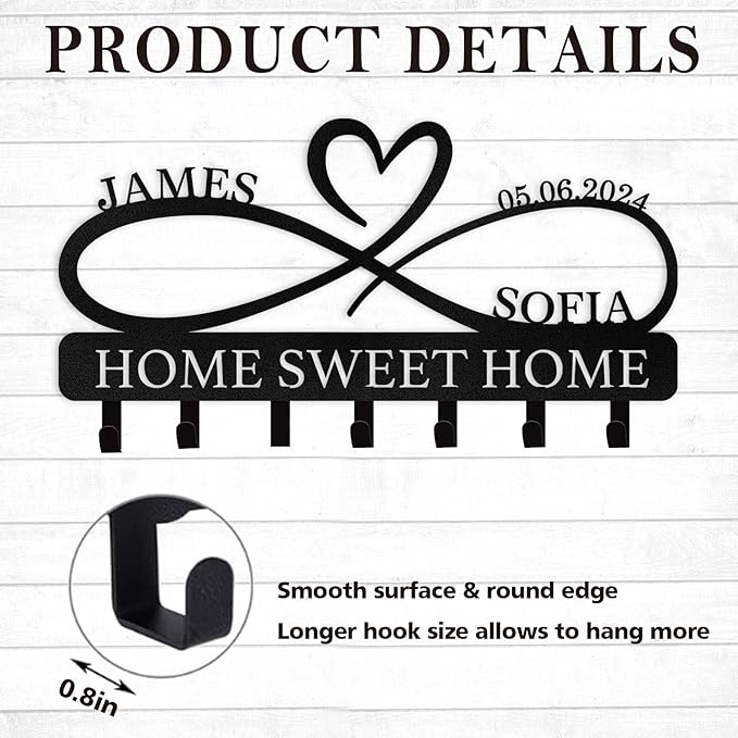 Personalized Metal Couple's Name Key Rack Coat Rack | Wedding Couple Gifts | Custom Wall Mount Key Holder for Kitchen Bedroom Hallway