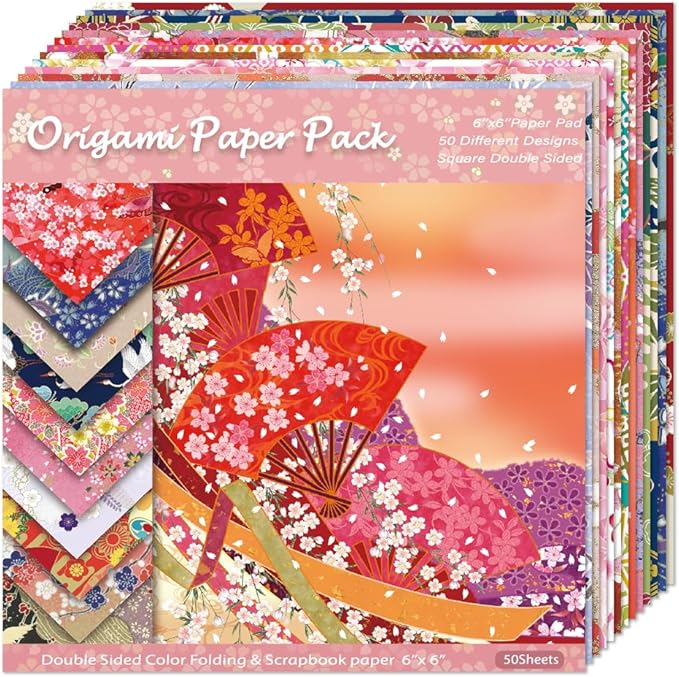 Square Origami Paper 6x6 Double Sided 50 Sheets 50 Colors 70GSM Origami Kit Japanese Chiyo Easy Fold Arts Crafts DIY Handwork Oriental Cherry