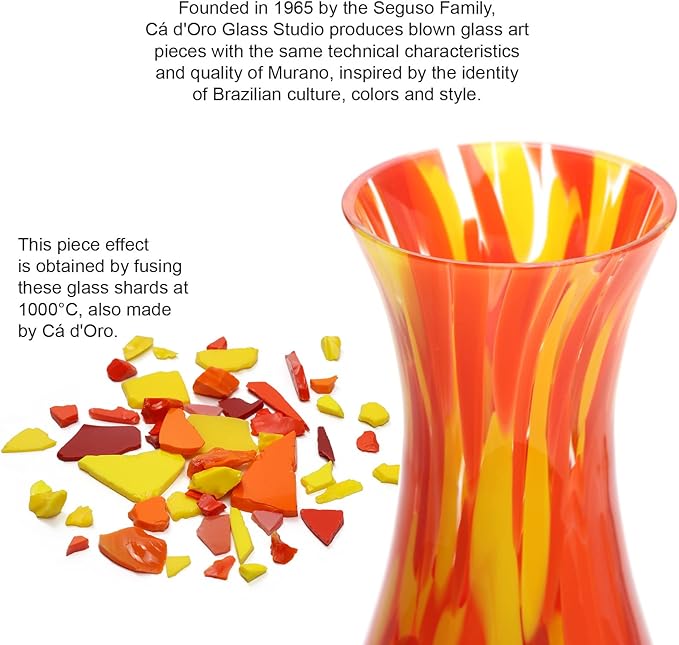 Ca D Oro Glass Vase Orange/Yellow Confetti Effect Hand Blown Murano-Style Art Glass for Flower, Room Decoration and Centerpiece - Model Nº 83