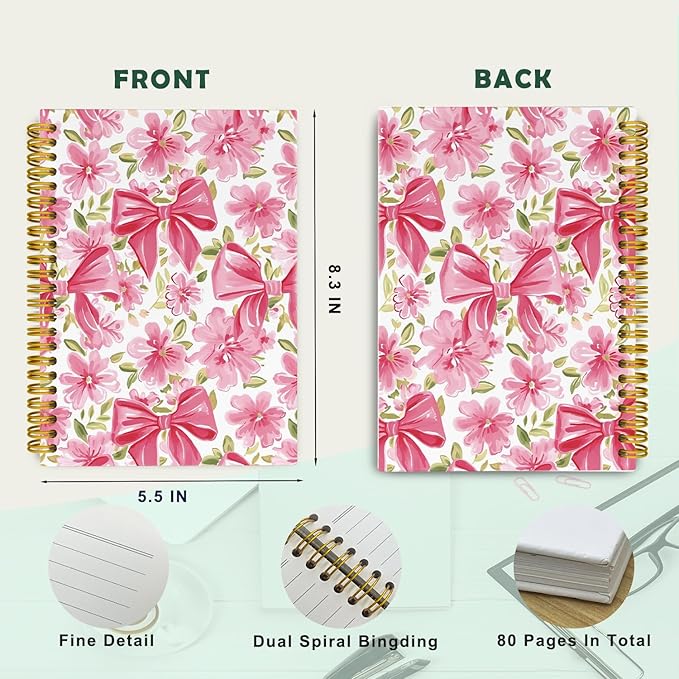 JKMBN Coquette Pink Bow Floral Spiral Notebook For Women, Maximalist Journaling Notebooks, Cute Pink Notebook Journal, Pink Office Supplies, Hardcover Spiral Lined Notebook 5.5 x 8.3