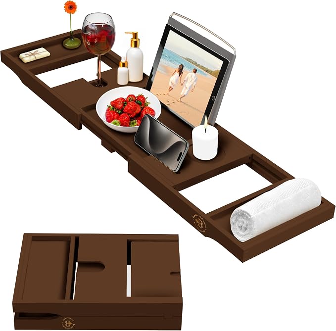 Bambüsi Bathtub Tray for Tub - Brown Bamboo Bath Tray, Expandable Wooden Bath Caddy Tray with Wine Holder, Book and Tablet Stand, Bathroom Accessories, Tub Table, Spa Bath Gifts for Women and Couples