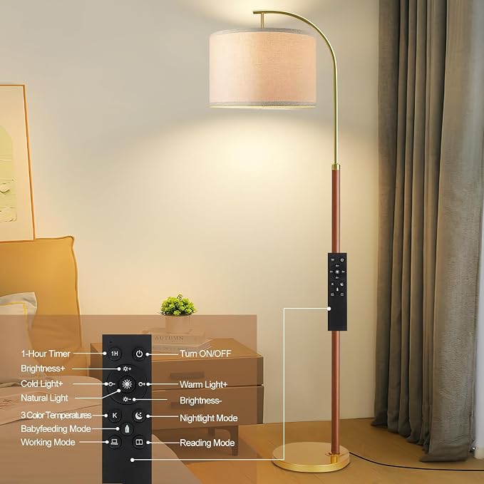 Wood Floor Lamps for Living Room Arc Floor Lamp with Remote Control,Dimmable Farmhouse Floor Lamp Mid Century Modern Standing Lamp with 3 Color Temperature Tall Vintage Floor Lamp For Bedroom Corner