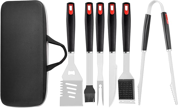 YJHOLE Grilling Accessories Set Spatula Fork Cleaning Brush Food Tongs Carving Knife Basting Brush Durable Stainless Steel BBQ Grill Tools with Extra Thick Storage Case BBQ Accessories Grill Set