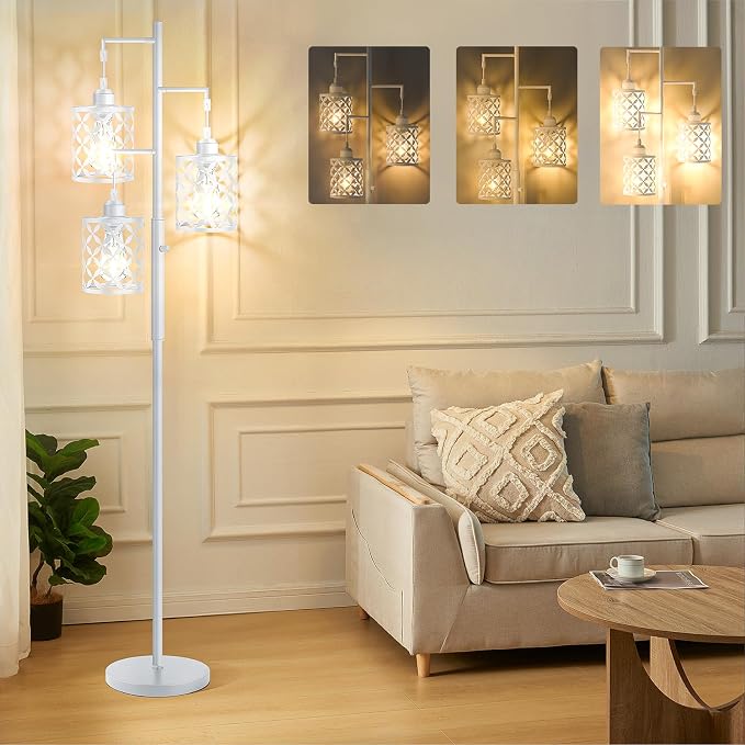 Dimmable Floor Lamp, Farmhouse Standing Lamp with Elegant Metal Cage, Industrial Tall Tree Floor Lamps for Living Room, Bedroom, Study Room, Office, 3 x 800LM LED Bulbs Included, 72", White