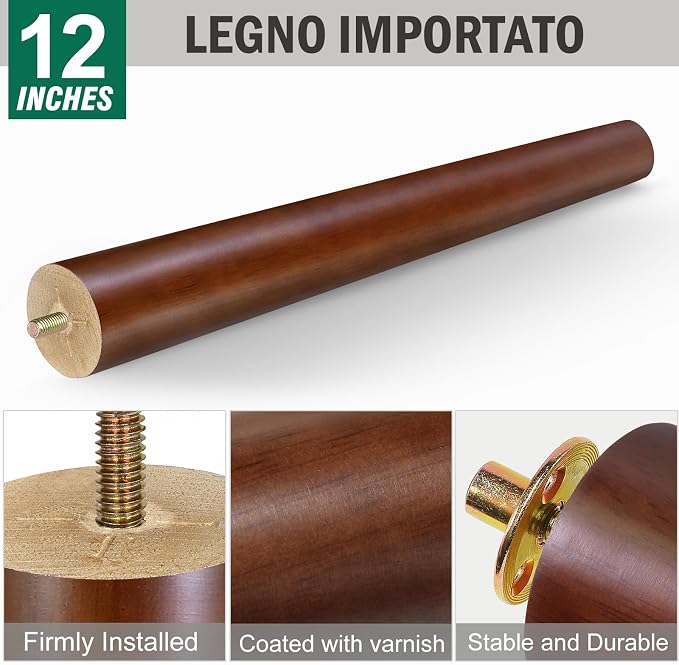FoDau770 Brown Rubber Wood Furniture Legs 12 Inches, 5/16" UNC Straight Tapered Wood Feet Mid Century Sofa Legs, Wooden Furniture Feet Replacement Parts for Cabinet Couch Dresser Chair Ottoman Table