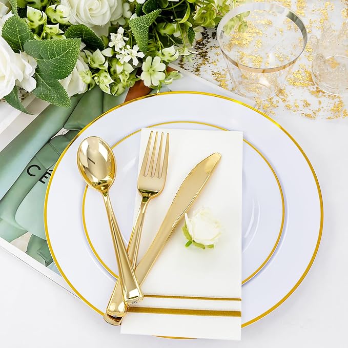 SUT 700Pcs Disposable Dinnerware Set for 100 Guests, White and Gold Plastic Plates, Party Plates and Cups and Napkins Sets, plates and Napkins Party Supplies, Gold plastic Silverware for Party Wedding