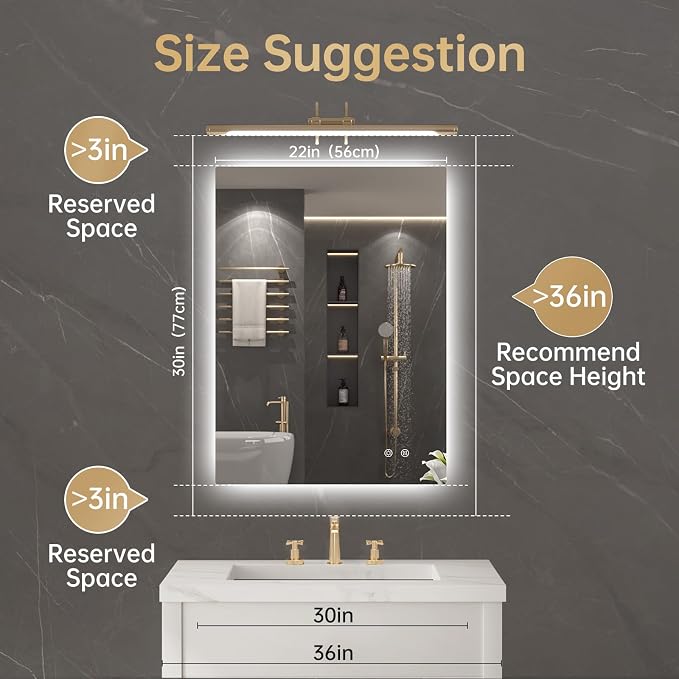 LOVESPEJO 22"x30" Backlit Mirror Bathroom, Lighted Bathroom Mirror with Lights, Fogless, Dimmable, 3 Color Changing, Shatterproof, Horizontal/Vertical(no Motion Sensor)