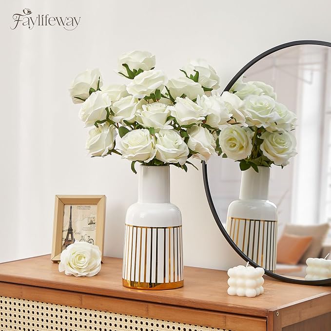 20PCS Artificial White Roses, 3.9'' Silk Flower Head Fake White Rose with Long Stems, Realistic Faux Roses Bouquet for DIY Wedding Home Party Office Decoration