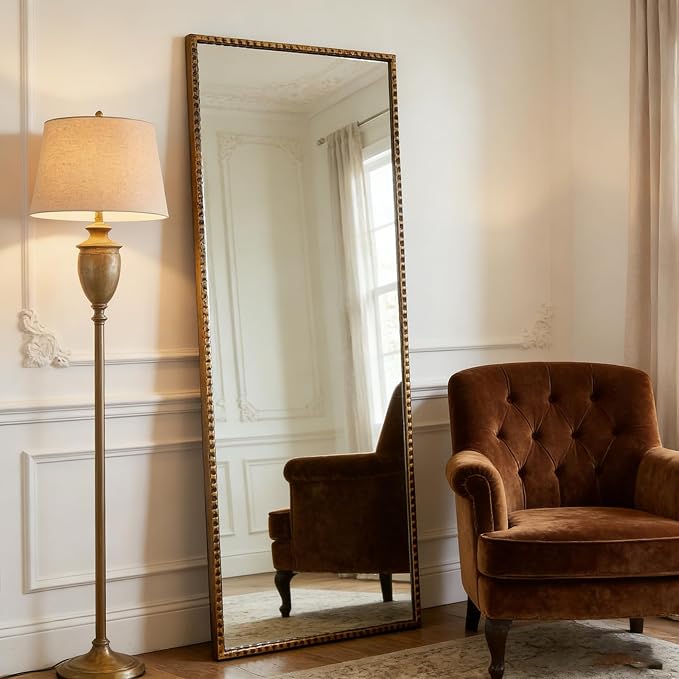 Antique Full Length Mirror, 20"x47" Long Metal Framed Full Body Mirror, Rectangle Baroque Floor Mirror Decorative for Dressing Living Room Bedroom Entryway Bronze