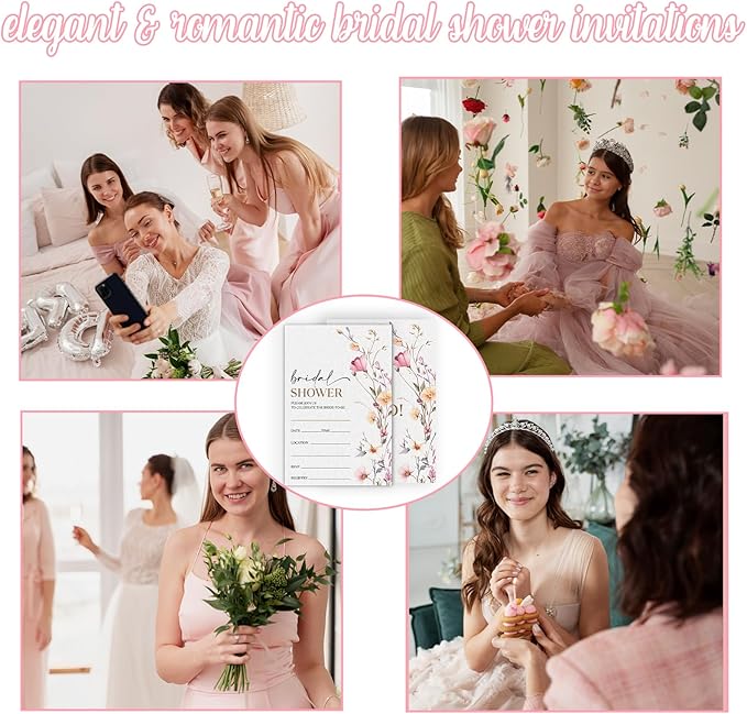 Boho Bridal Shower Invitations, Spring Floral Invites with Envelopes, 4x6 Set of 25 Invite Card for Wedding Shower, Newlyweds, Party Favor & Decorations-A03