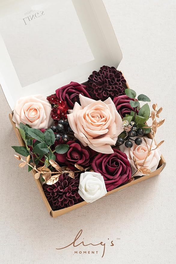 Ling's moment Burgundy Artificial Flowers and Greenery Mini Combo Box Set, Marsala & Blush Fake Flower for DIY Wedding Bridal Bouquet, Centerpieces Decor, Floral Arrangement Decor, etc.