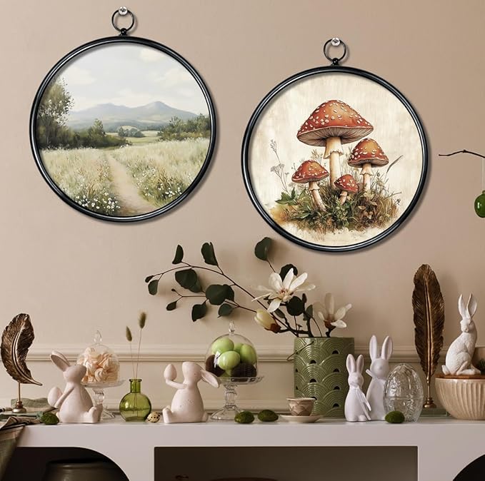 XIAOAIKA Round Vintage Wall Hanging Decor, Printed Textured Surface with Wood Back, Country Path Design, Black Metal Frame, Ready to Hang for Living Room Bedroom, 10 Inch