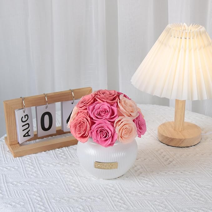 Preserved Roses,Weeding Flowers,Table Centerpiece Flowers,14Pcs Long Lasting Real Rose in Ceramic Vase,Table Flowers for Party,Wedding Decor,Birthday,Anniversary,Wedding Gifts for Her (Color Mix)