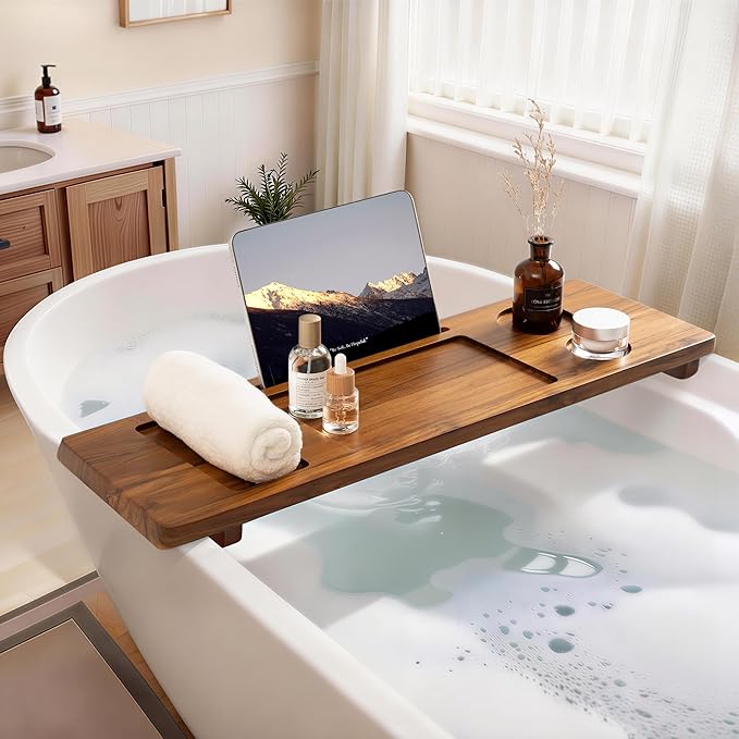 Teak Bathtub Tray - Wood Bath Caddy Tray 29" for Small Tubs - Adjustable Bathtub Table Trays - Luxury Shower Organizer for Home Spa Relaxation and Reading - Light Walnut Color
