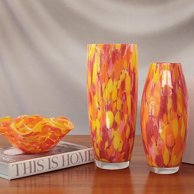 Ca D Oro Murano-Style Glass Vase Orange/Yellow Confetti Effect Hand Blown Art Glass Crystal for Flower, Room Decoration and Centerpiece - Model AD3