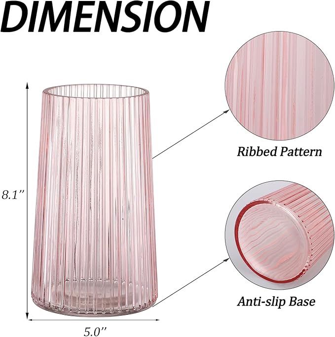 Pink Glass Vase for Flower, Flower Vase for Bouquet, Modern Glass Vases, Ribbed Vases for Living Room, Bedroom, Dining Table, Office, Wedding, Centerpieces, 8 Inches