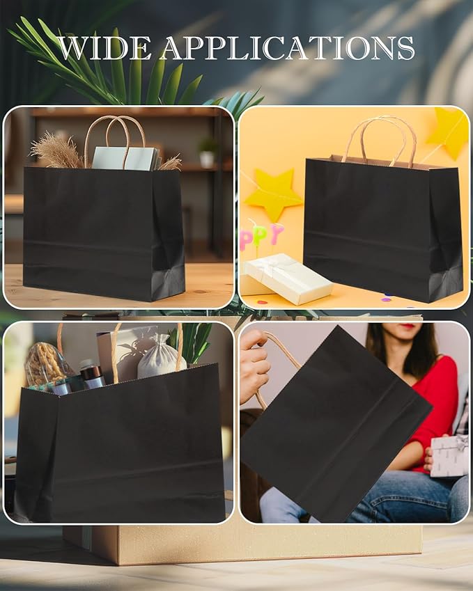 qiqee 13"x4.5"x10" Large Gift Bag with Handles Bulk 32PCS Gift Paper Bags Black Bags Multiple Uses (Wide Large)