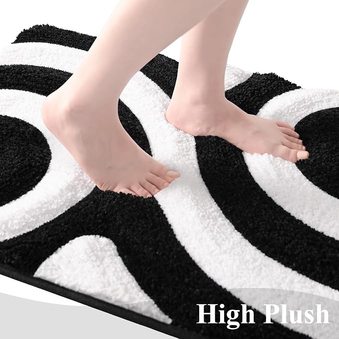 QJHOMO Black and White Cute Bathroom Rugs Non Slip Bath Mat Modern Aesthetic Bathroom Decor, Geometric Striped Bath Rug Fluffy Floor Mats, Thick Microfiber Carpet Machine Washable (18x26 inch)