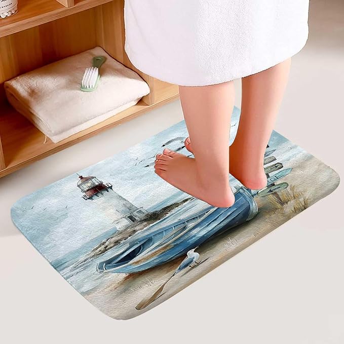 Nautical Coastal Bath Rugs for Bathroom, Ocean Beach Lighthouse Non Slip Flannel Bathroom Rug, Blue Teal Seasides Sailboat Dry Fast Water Absorbent Bath Mats, 17x29 Inch