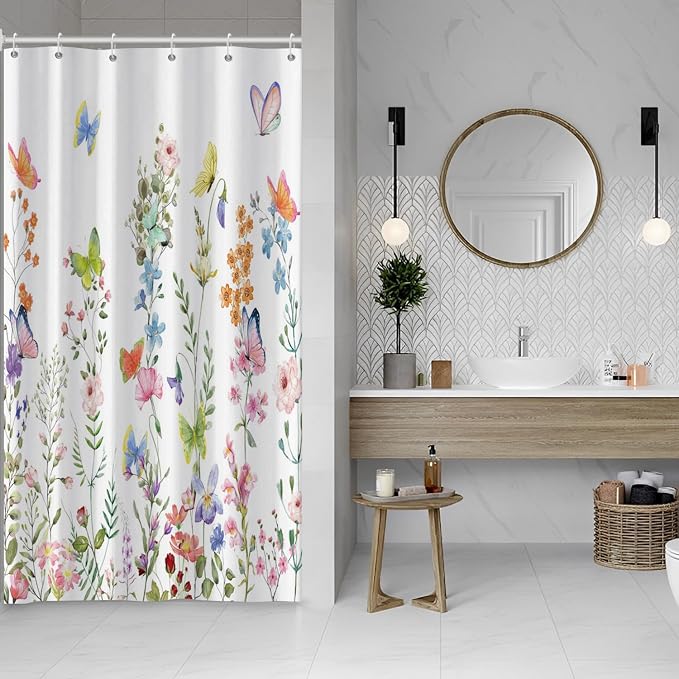 Spring Floral Butterfly Shower Curtain Summer Colorful Wildflowers Botanical Shower Curtain for Rustic Vintage Bathroom Decor Easter Shower Curtain Set 36x72 Inches