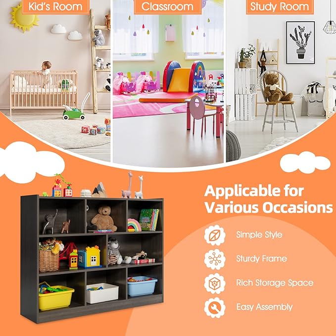 KOTEK Toy Storage Organizer, 8 Cubby Kids Bookshelf, Wooden 4-Tier Bookcase Storage Cabinet, Open Display Book Shelf for Daycare, Nursery, School Classroom, Playroom & Bedroom (Grey, 8 Cubes)