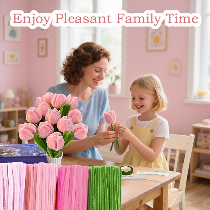 Pipe Cleaners Flower Craft Kit,Chenille Stems Craft DIY Bouquet Making Set with Floral Wires, Gardening Tape, Stamens & Ribbon for Home Decor-Holiday Decorations,Gifts - 400 Pcs (Pink)