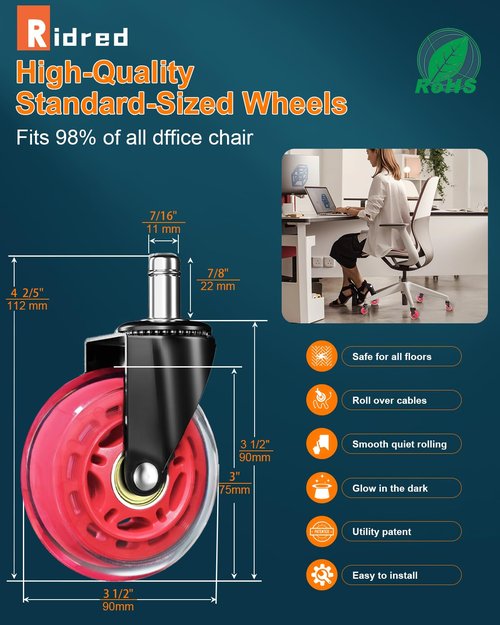 RidRed Gaming Chair Wheels - Heavy-Duty Replacement Rubber Casters - Universal 3-Inch, Noise-Free Fit for All Floors (Red)