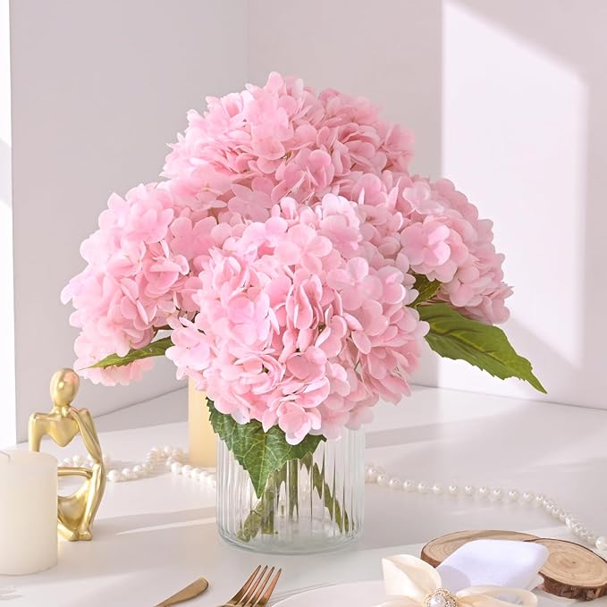 MARTINE MALL 3Pcs 21in Hydrangea Artificial Flowers, Latex Real Touch Hydrangeas Lifelike Large Hydrangea Flowers for Home Decor Party Arrangements Wedding Bouquets Centerpieces (Light Pink)