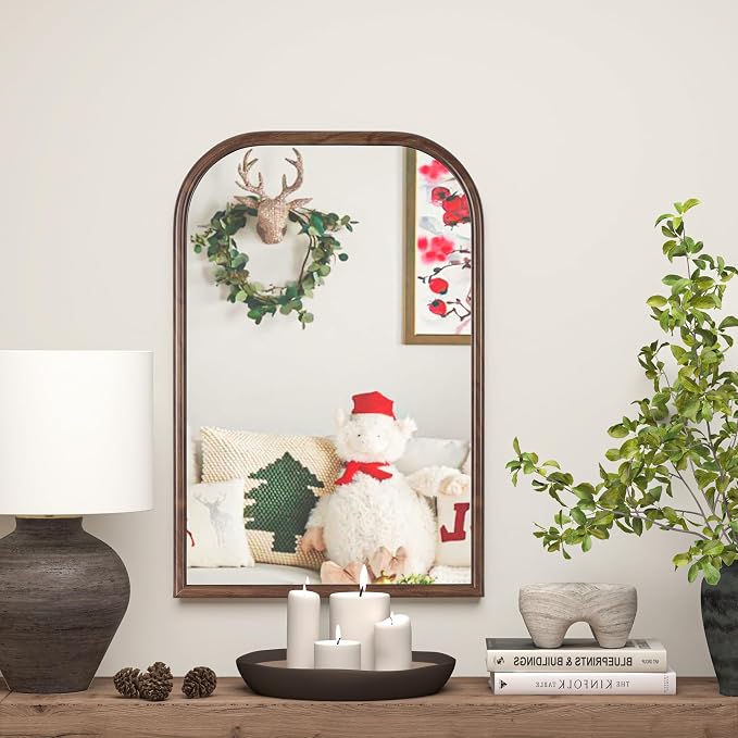 20"x30" Arch Wall Mirror Bathroom Mirror for Wall Mounted, Tempered Glass, Wood Grain Finish Frame Wall Mirror Decorative for Bedroom Living Room Entryway, Rustic Brown