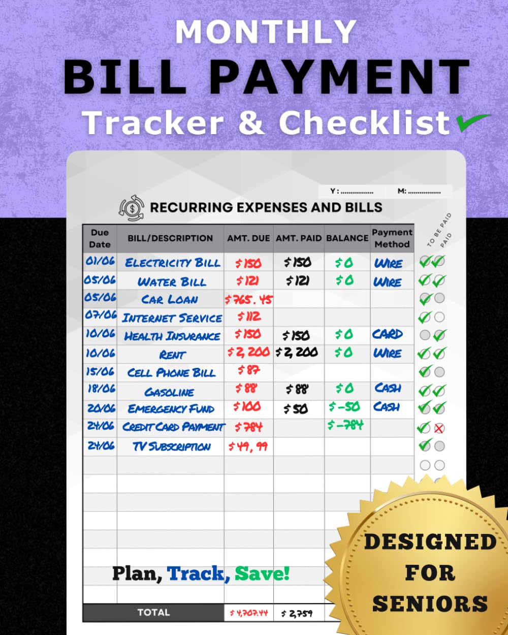 Skiennix Ultra Large Monthly Bill & Expense Tracker - Senior-Friendly Design with Debt & Subscription Trackers