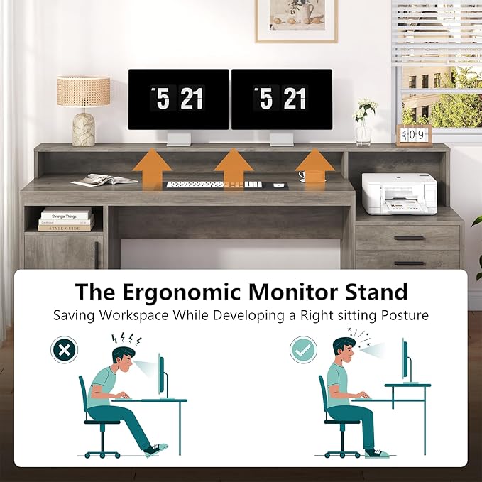 Executive Computer Desk with 3 Drawers & Storage Shelves, 65 Inch Home Office Desk with File Drawer & Cabinet, Writing Study Desks with Monitor Stand & Printer Shelf, Executive Desk, Grey